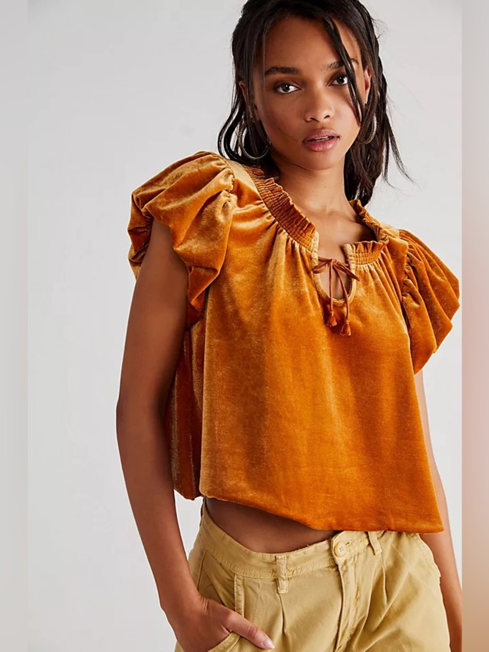 Free People Terese Velvet Top Pumpkin Pie Puff Sleeve